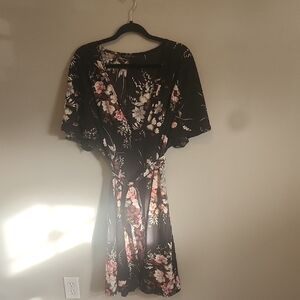 SHEIN Black Floral Wrap Mini Dress with Pink and Cream Blooms